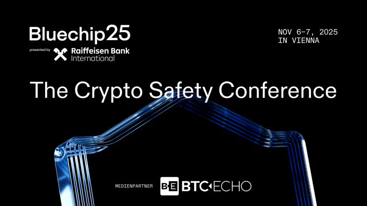 Veranstaltungsplakat für die Crypto Safety Conference in Wien am 6. und 7. November 2025, präsentiert von Raiffeisen Bank International und Bluechip25, mit BTC Echo als Medienpartner.