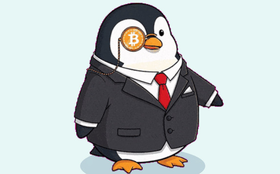 Ein Cartoon-Pinguin aus der Bitcoin Penguins-Kollektion trägt einen Anzug und eine rote Krawatte und hat ein Monokel mit dem Bitcoin-Symbol über einem Auge.