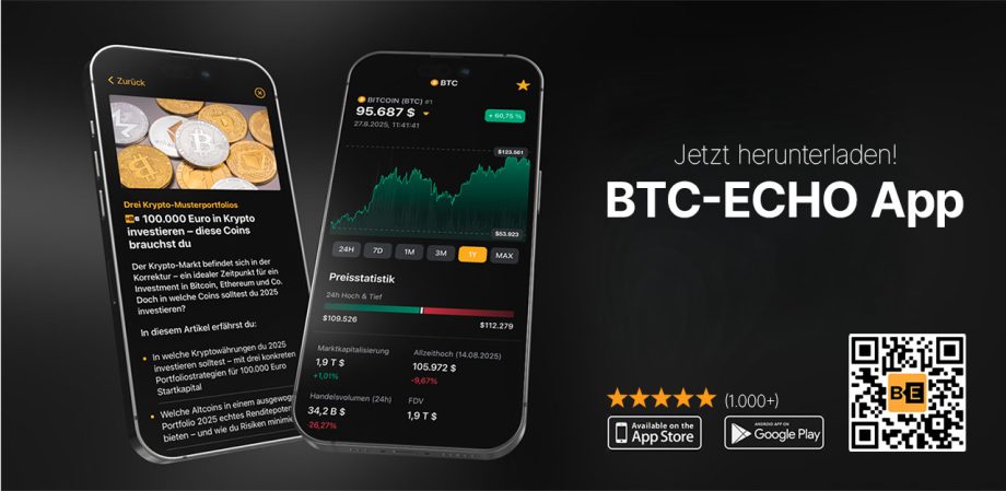 Zwei Smartphones zeigen die BTC-ECHO-App mit Kryptowährungsnachrichten und Bitcoin-Preisstatistiken sowie App-Download-Symbole, einen QR-Code und eine Fünf-Sterne-Bewertung auf einem dunklen Hintergrund.