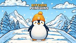 Ein Cartoon-Pinguin, der eine Bitcoin-Mütze trägt, steht im Schnee mit Bergen im Hintergrund. Darüber erscheint der Text Bitcoin Penguins, der den Meilenstein von 7 Millionen US-Dollar inmitten der eisigen Landschaft der Antarktis feiert.