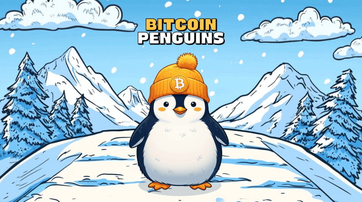 Ein Cartoon-Pinguin, der eine Bitcoin-Mütze trägt, steht im Schnee mit Bergen im Hintergrund. Darüber erscheint der Text Bitcoin Penguins, der den Meilenstein von 7 Millionen US-Dollar inmitten der eisigen Landschaft der Antarktis feiert.