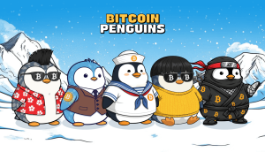 Fünf Cartoon-Pinguine in einzigartigen Outfits stehen in einer verschneiten Landschaft unter dem Text Bitcoin Penguins. Jeder von ihnen trägt ein Bitcoin-Symbol auf seiner Kleidung oder seinen Accessoires und fängt damit den verspielten Geist der Bitcoin Penguins Kollektion ein.