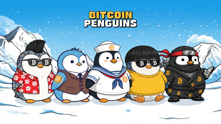 Fünf Cartoon-Pinguine in einzigartigen Outfits stehen in einer verschneiten Landschaft unter dem Text Bitcoin Penguins. Jeder von ihnen trägt ein Bitcoin-Symbol auf seiner Kleidung oder seinen Accessoires und fängt damit den verspielten Geist der Bitcoin Penguins Kollektion ein.