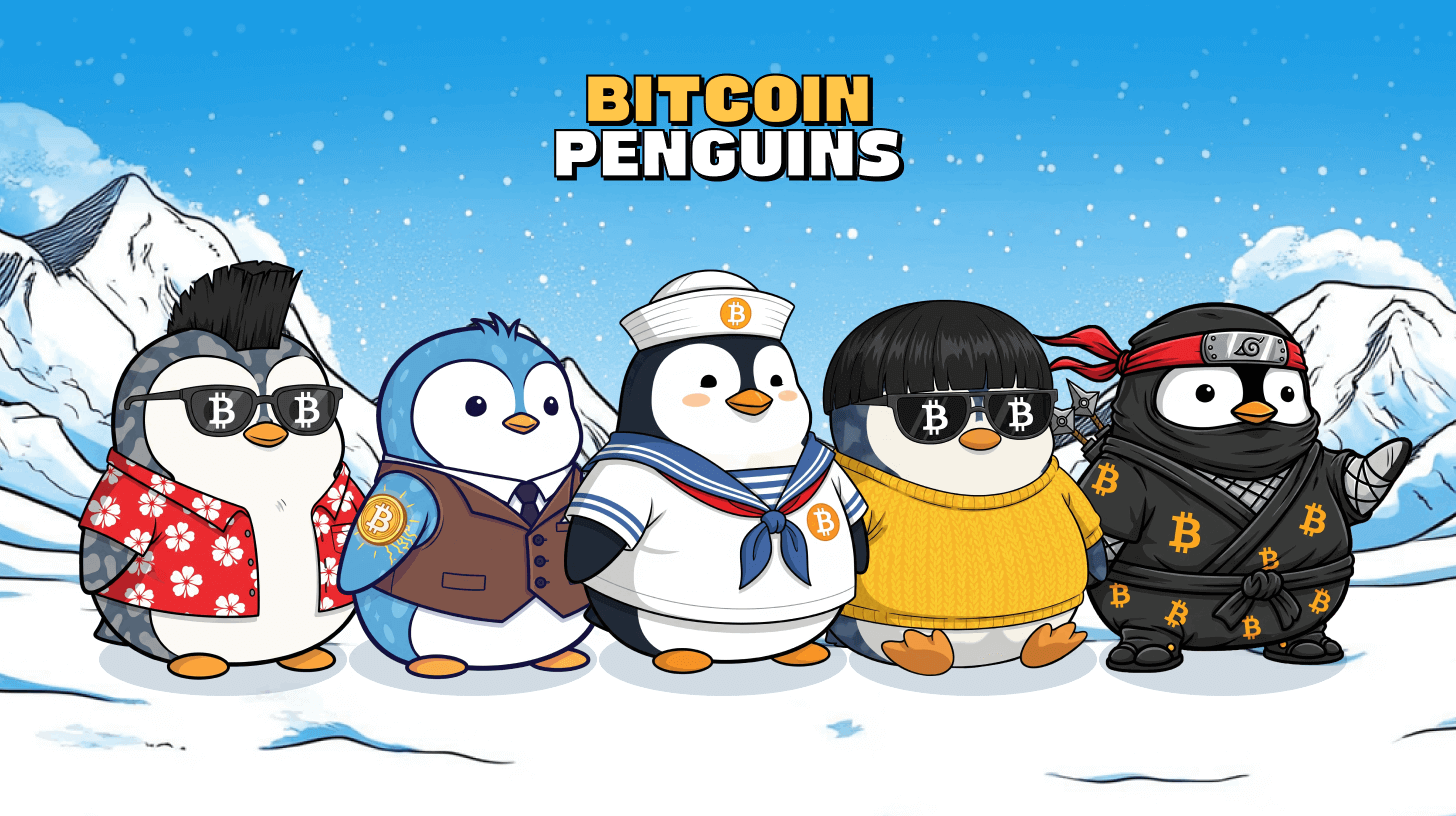 Fünf Cartoon-Pinguine in einzigartigen Outfits stehen in einer verschneiten Landschaft unter dem Text Bitcoin Penguins. Jeder von ihnen trägt ein Bitcoin-Symbol auf seiner Kleidung oder seinen Accessoires und fängt damit den verspielten Geist der Bitcoin Penguins Kollektion ein.