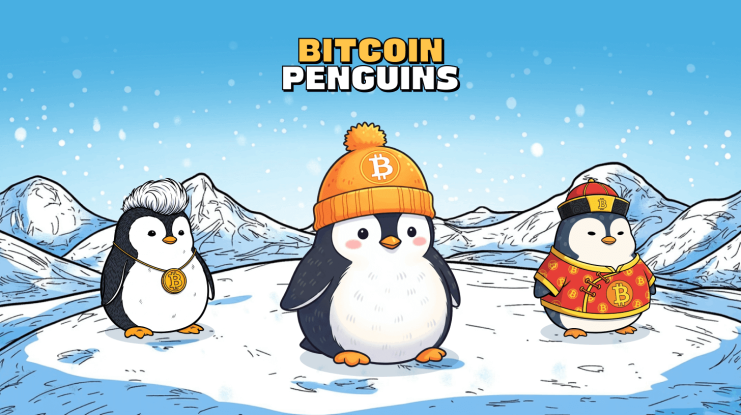 Drei Cartoon-Pinguine mit Bitcoin-Accessoires stehen in einer verschneiten Landschaft mit Bergen im Hintergrund. Über ihnen steht der Text BITCOIN PENGUINS, der den Meme-Markt-Wahn feiert und BPENGU-Vibes zeigt.