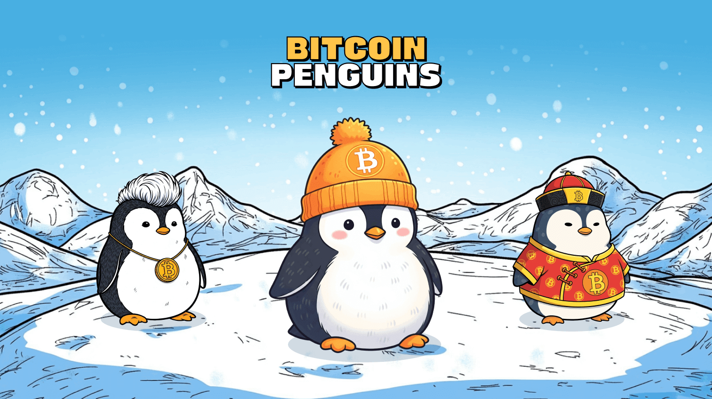 Drei Cartoon-Pinguine mit Bitcoin-Accessoires stehen in einer verschneiten Landschaft mit Bergen im Hintergrund. Über ihnen steht der Text BITCOIN PENGUINS, der den Meme-Markt-Wahn feiert und BPENGU-Vibes zeigt.