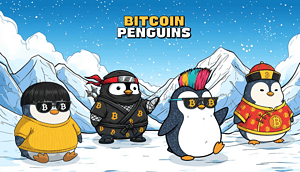 Vier Cartoon-Bitcoin-Pinguine in thematischen Outfits und Accessoires stehen auf verschneitem Boden mit Bergen im Hintergrund. Der Text "Bitcoin Penguins" erscheint am oberen Rand.