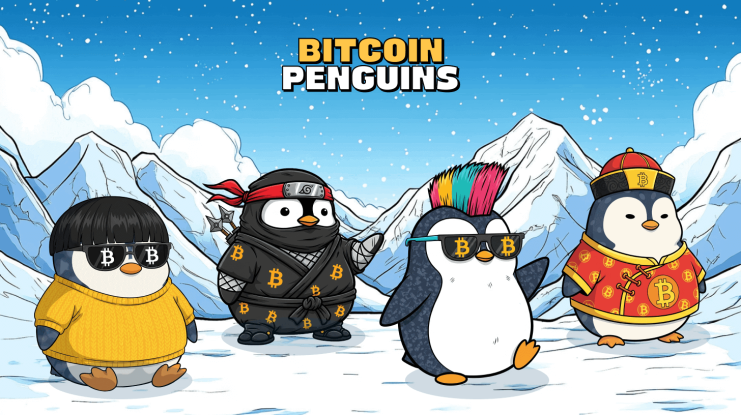 Vier Cartoon-Bitcoin-Pinguine in thematischen Outfits und Accessoires stehen auf verschneitem Boden mit Bergen im Hintergrund. Der Text "Bitcoin Penguins" erscheint am oberen Rand.