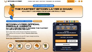 Screenshot der offiziellen Bitcoin-Hyper-Vorverkaufswebseite mit einem Cartoon-Layout mit Countdown-Timer, Vorverkaufsstatus, Kaufoptionen und Details zum Ökosystem, die den Spaßfaktor dieses vielversprechenden Memecoins perfekt einfangen.