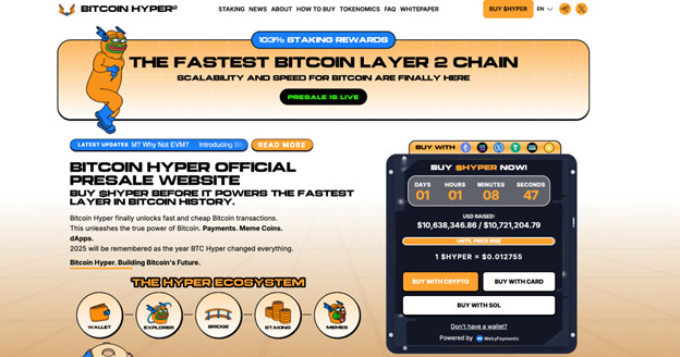 Screenshot der offiziellen Bitcoin-Hyper-Vorverkaufswebseite mit einem Cartoon-Layout mit Countdown-Timer, Vorverkaufsstatus, Kaufoptionen und Details zum Ökosystem, die den Spaßfaktor dieses vielversprechenden Memecoins perfekt einfangen.