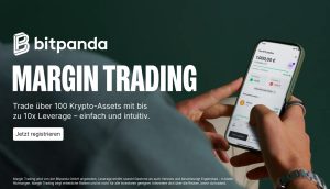 Eine Person benutzt ein Smartphone, auf dem die Bitpanda-App angezeigt wird. Der Bildschirm zeigt Optionen für den Handel mit Kryptowährungen. In einem großen Text steht "Margin Trading" mit Details zu Leverage und den erweiterten Handelsfunktionen von Bitpanda auf Deutsch.