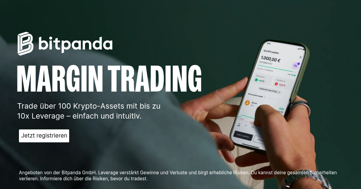 Eine Person hält ein Smartphone, auf dem eine Finanz-App angezeigt wird. Das Bild wirbt für den Margin-Handel von Bitpanda, der Nutzern, die fortgeschrittene Handelsoptionen suchen, eine bis zu 10-fache Hebelwirkung auf über 100 Kryptowährungen bietet.