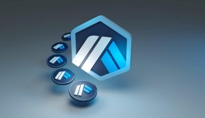 Eine digitale Illustration des Arbitrum-Logos auf mehreren blauen und schwarzen Münzen, die in einer gebogenen, absteigenden Linie auf einem Hintergrund mit Farbverlauf angeordnet sind.