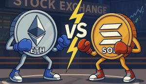 Illustration von Ethereum- und Solana-Münzen als Cartoon-Kämpfer, die in einem Boxring gegeneinander antreten, mit VS und einem Blitz zwischen ihnen. Das Börsenzeichen erscheint im Hintergrund und unterstreicht die Rivalität zwischen Ethereum und Solana.