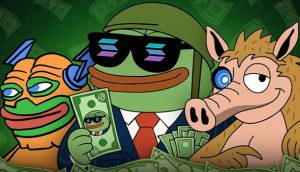Cartoon-Darstellung von drei anthropomorphen Tieren mit dem Aussehen von Pepe dem Frosch, die in Geschäftskleidung gekleidet sind, Bargeld halten und von schwebenden Dollarscheinen umgeben sind - eine spielerische Anspielung auf den Memecoin-Wahn.