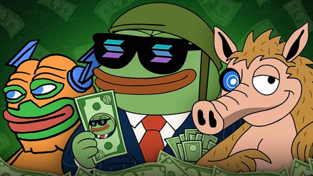 Cartoon-Darstellung von drei anthropomorphen Tieren mit dem Aussehen von Pepe dem Frosch, die in Geschäftskleidung gekleidet sind, Bargeld halten und von schwebenden Dollarscheinen umgeben sind - eine spielerische Anspielung auf den Memecoin-Wahn.