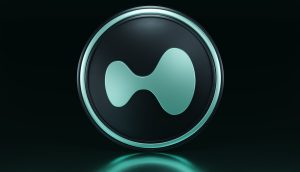 Das kreisförmige, blaugrüne und schwarze Hyperliquid Emblem steht vor einem dunklen Hintergrund