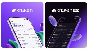 Zwei Smartphone-Bildschirme zeigen die Benutzeroberflächen der Kryptowährungs-Apps Kraken und Kraken Pro an und präsentieren Kontostände und Kryptomarktdaten vor einem leuchtend violetten Hintergrund mit dem unverwechselbaren Kraken-Logo.
