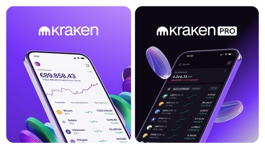 Zwei Smartphone-Bildschirme zeigen die Benutzeroberflächen der Kryptowährungs-Apps Kraken und Kraken Pro an und präsentieren Kontostände und Kryptomarktdaten vor einem leuchtend violetten Hintergrund mit dem unverwechselbaren Kraken-Logo.
