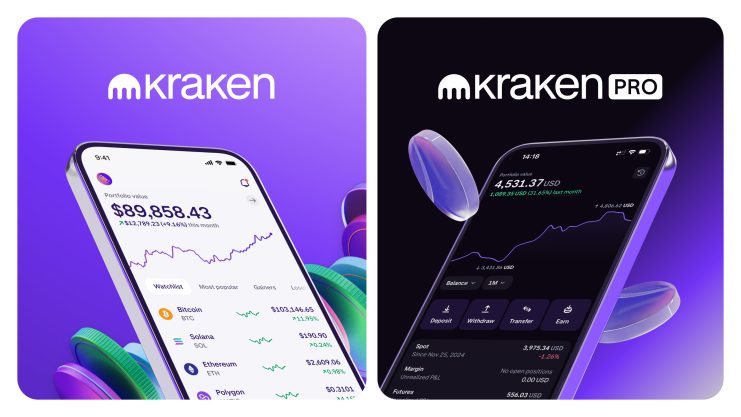 Zwei Smartphones zeigen die Apps der Krypto-Börse Kraken und Kraken Pro mit Portfoliowerten, Preisdiagrammen und verschiedenen Münzsalden vor einem lilafarbenen Hintergrund - perfekt für alle, die eine Kraken-Anleitung im Jahr 2025 suchen.