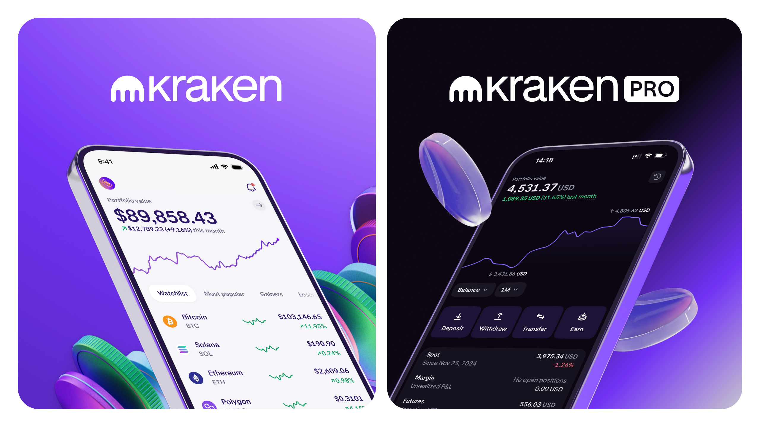 Zwei Smartphones zeigen die Apps der Krypto-Börse Kraken und Kraken Pro mit Portfoliowerten, Preisdiagrammen und verschiedenen Münzsalden vor einem lilafarbenen Hintergrund - perfekt für alle, die eine Kraken-Anleitung im Jahr 2025 suchen.