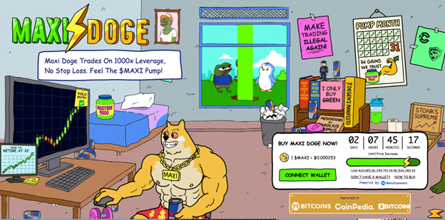 Ein hyper-muskulöser Hund in einem Tank-Top sitzt an einem Computertisch mit Krypto-Charts, Dollarscheinen und Snacks. Das lebhafte Zimmer hat Poster und ein Fenster, das zwei Tiere draußen zeigt. Auf dem Boden sind Krypto-Logos zu sehen.