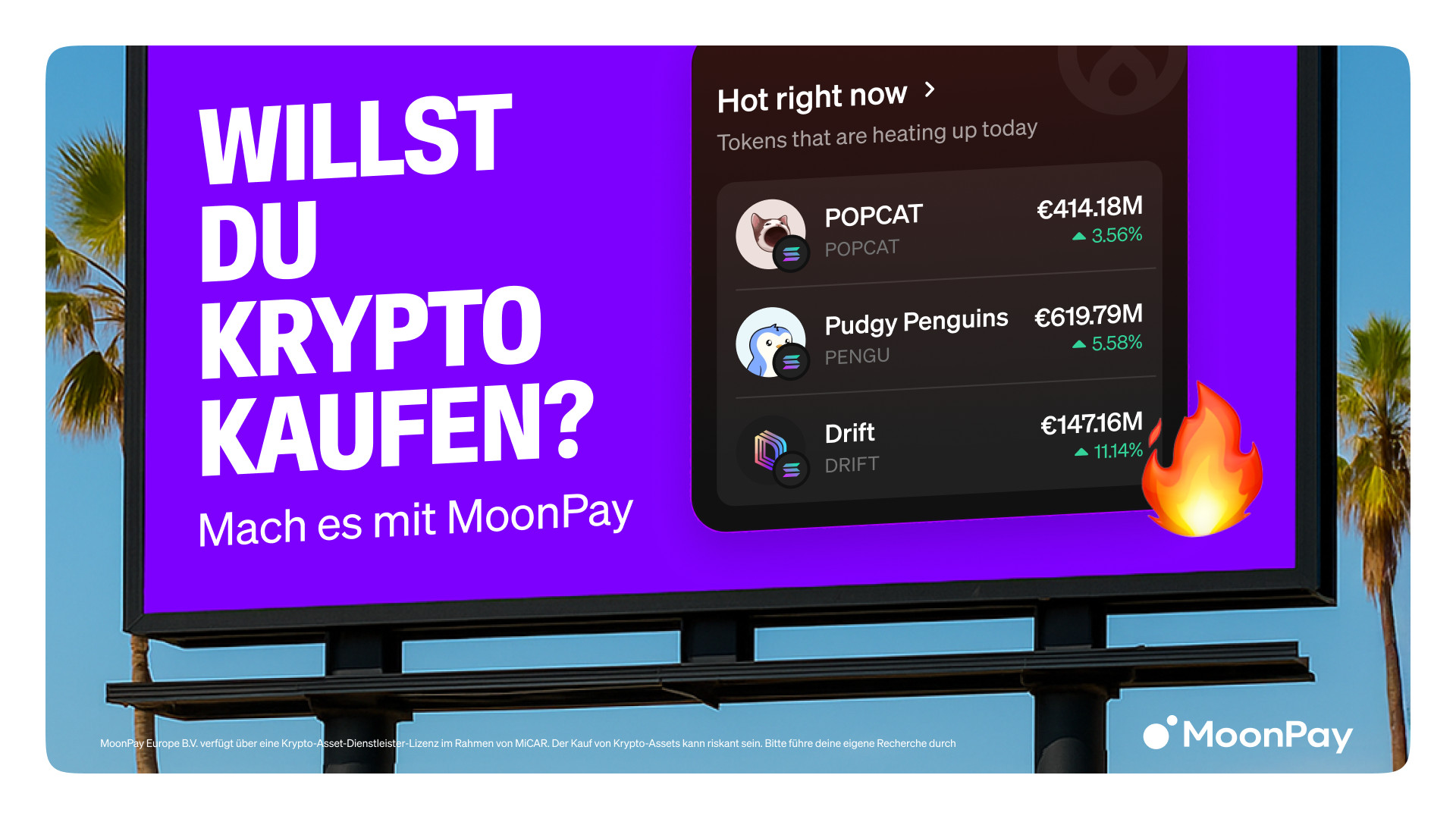 Auf einer Plakatwand mit lila Hintergrund steht WILLST DU BITCOIN KAUFEN? Mach es mit MoonPay und zeigt die Preise von Kryptowährungs-Token auf einem Telefonbildschirm an.