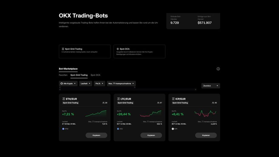 Screenshot des OKX Trading-Bots-Dashboards, das Handelsstatistiken, Bot-Performance und Optionen für Spot Grid Trading und Spot DCA auf einer eleganten OKX-Oberfläche mit dunklem Design anzeigt.