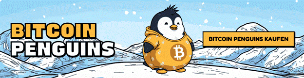 Ein Cartoon-Pinguin in einem Bitcoin Penguins-Kapuzenpulli steht auf Schnee mit dem Text Bitcoin Penguins und einem Button mit der Aufschrift Bitcoin Penguins kaufen. Im Hintergrund erheben sich schneebedeckte Berge, die das spielerische Krypto-Thema hervorheben.