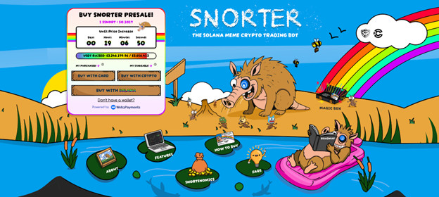 Snorter_208b Cartoon-Szene mit Wildschweinen, einem Regenbogen und einer magischen Box, die eine Memecoin-Vorverkaufs-Bot-Schnittstelle mit der Bezeichnung SNORTER und verschiedene anklickbare Symbole auf schwimmenden Seerosenblättern enthält.