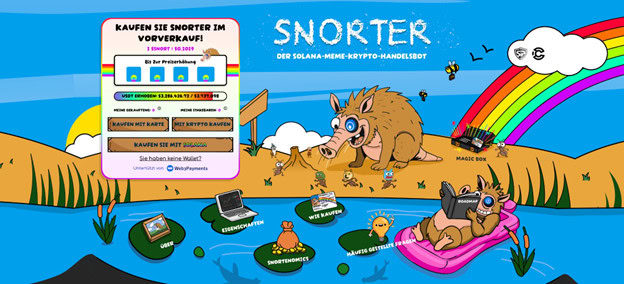Snorter_218 Cartoon-Bild eines Wildschweins an einem Teich, das einen Laptop benutzt und für den SNORTER Memecoin-Kryptohandel wirbt. Deutscher Text zeigt Vorverkaufsinformationen und Kryptowährungssymbole an. Regenbögen, Enten und Gadgets sind sichtbar.