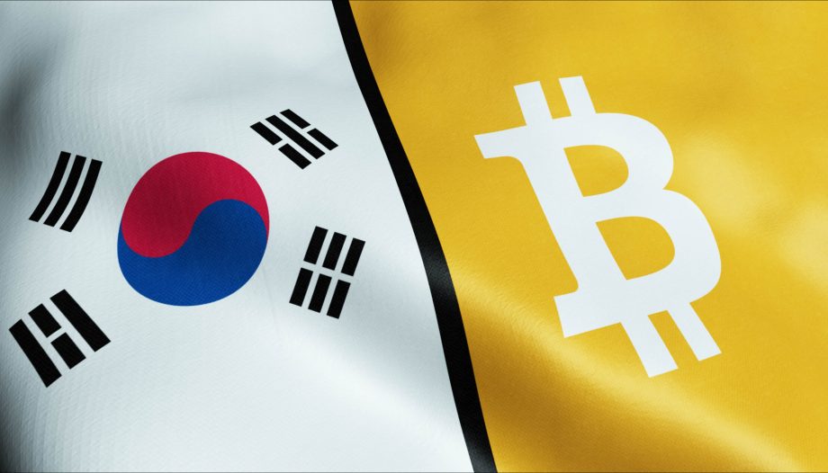 Südkoreanische Flagge neben einer gelben Flagge mit einem weißen Bitcoin-Symbol, das die Schnittmenge von Südkorea und Krypto darstellt.