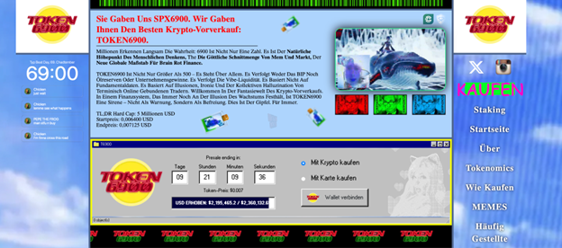 Eine Kryptowährungs-Website mit Token6900, einem Countdown-Timer, Kaufoptionen, einem Navigationsmenü auf der rechten Seite und Werbetext auf Deutsch.