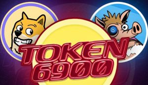Cartoon-Illustrationen von Hunden und Wildschweinen stehen hinter einer großen Goldmünze und unterstreichen den spielerischen Geist dieser Memecoin. In fetten roten Buchstaben steht TOKEN 6900 auf der Vorderseite und zieht mit Spaß und Flair die Aufmerksamkeit auf sich.