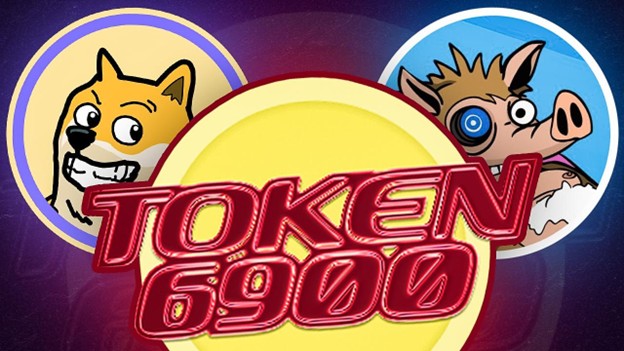 Cartoon-Illustrationen von Hunden und Wildschweinen stehen hinter einer großen Goldmünze und unterstreichen den spielerischen Geist dieser Memecoin. In fetten roten Buchstaben steht TOKEN 6900 auf der Vorderseite und zieht mit Spaß und Flair die Aufmerksamkeit auf sich.