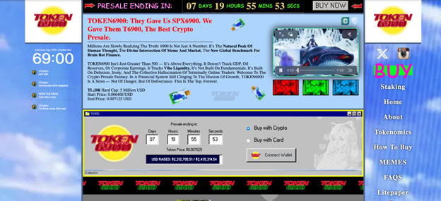 Token6900_218b Screenshot einer Kryptowährungs-Vorverkaufswebsite für den memecoin TOKEN6900 mit einem Countdown-Timer, Token-Kaufoptionen, einem Navigationsmenü und bunten Werbegrafiken.