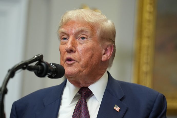 Donald Trump in einem marineblauen Anzug und roter Krawatte, der Trump ähnelt, spricht in ein Mikrofon an einem Podium und trägt eine Anstecknadel mit der amerikanischen Flagge an seiner Jacke.
