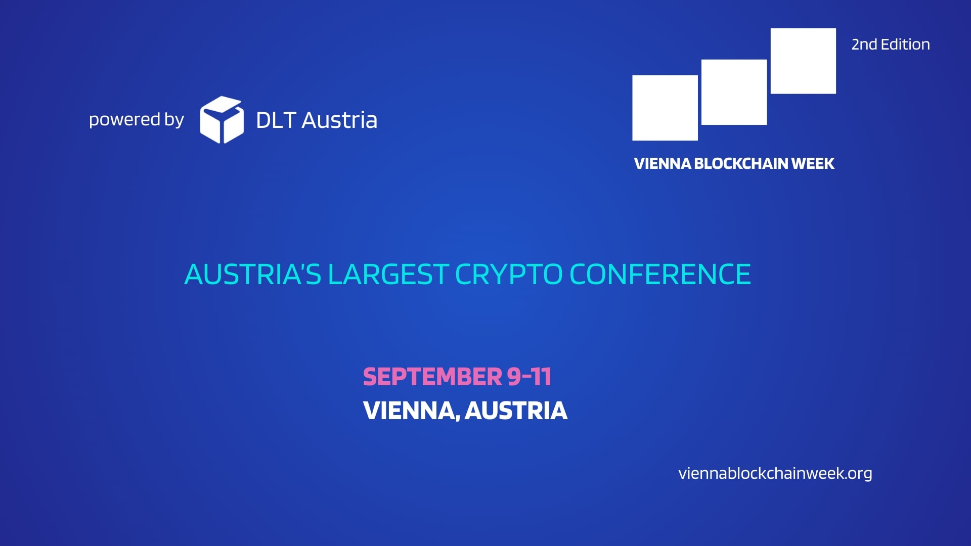 Blaue Werbegrafik für die Vienna Blockchain Week, Österreichs größte Krypto-Konferenz, die vom 9. bis 11. September in Wien, Österreich, stattfindet. Enthält Logos und Website-Link.