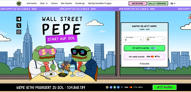 WEPE_218 Zwei Cartoon-Frösche in Anzügen und Sonnenbrillen sitzen an einem Restauranttisch mit Champagner, Geld und Memecoin. Der Text Wall Street Pepe Start auf Sol wird über ihnen angezeigt. Eine Website-Schnittstelle ist sichtbar.