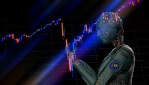 Ein humanoider Roboter analysiert ein digitales Börsenchart mit roten und blauen Kerzenleuchtern, mit subtilen Verweisen auf Chainlink, alles vor einem dunklen Hintergrund.