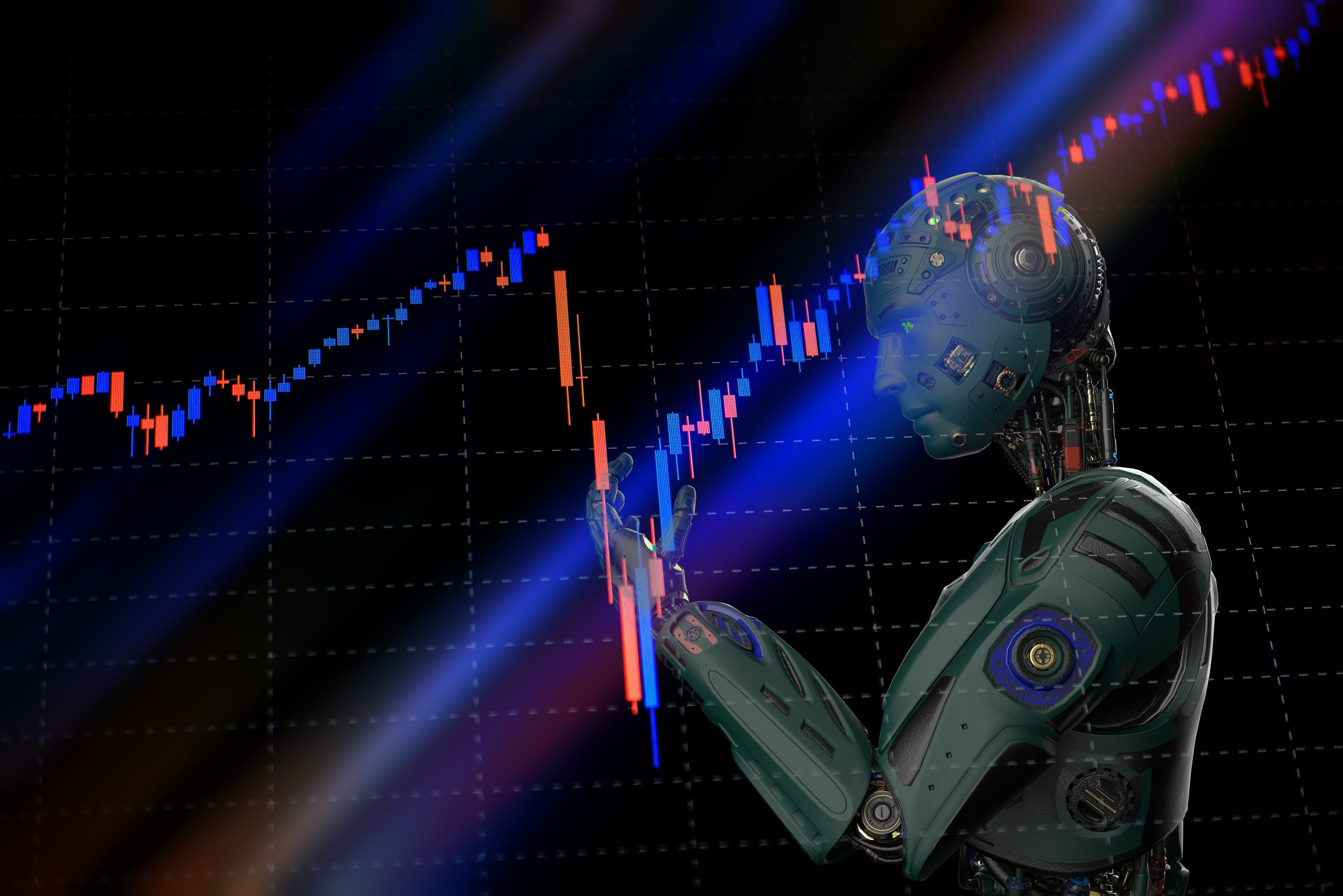 Ein humanoider Roboter analysiert ein digitales Börsenchart mit roten und blauen Kerzenleuchtern, mit subtilen Verweisen auf Chainlink, alles vor einem dunklen Hintergrund.