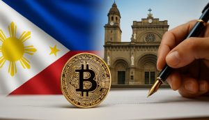 Eine Bitcoin-Münze, eine Hand, die ein Dokument unterzeichnet, und die philippinische Flagge mit einer historischen Kirche im Hintergrund unterstreichen die wachsende Rolle von Bitcoin auf den Philippinen.