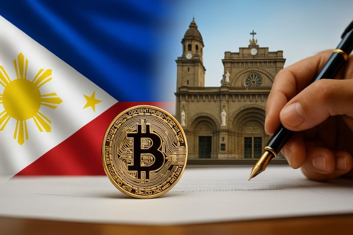 Eine Bitcoin-Münze, eine Hand, die ein Dokument unterzeichnet, und die philippinische Flagge mit einer historischen Kirche im Hintergrund unterstreichen die wachsende Rolle von Bitcoin auf den Philippinen.