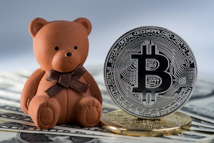 Eine braune Teddybär-Figur, die den Bitcoin-Bären darstellt, sitzt neben einer großen Bitcoin-Münze mit US-Dollar-Noten im Hintergrund.
