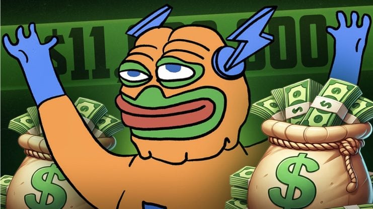 Cartoon-Froschfigur in einem Superheldenkostüm hebt die Arme, umgeben von Geldsäcken und einem großen $11.000.000 im Hintergrund - zur Feier eines Layer-2-Durchbruchs.