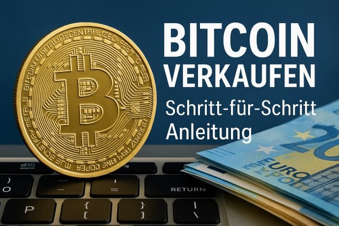 Ein physischer Bitcoin, Euro-Banknoten und eine Laptop-Tastatur mit deutschem Text: Bitcoin verkaufen Schritt-für-Schritt Anleitung für einen einfachen Verkaufsprozess.
