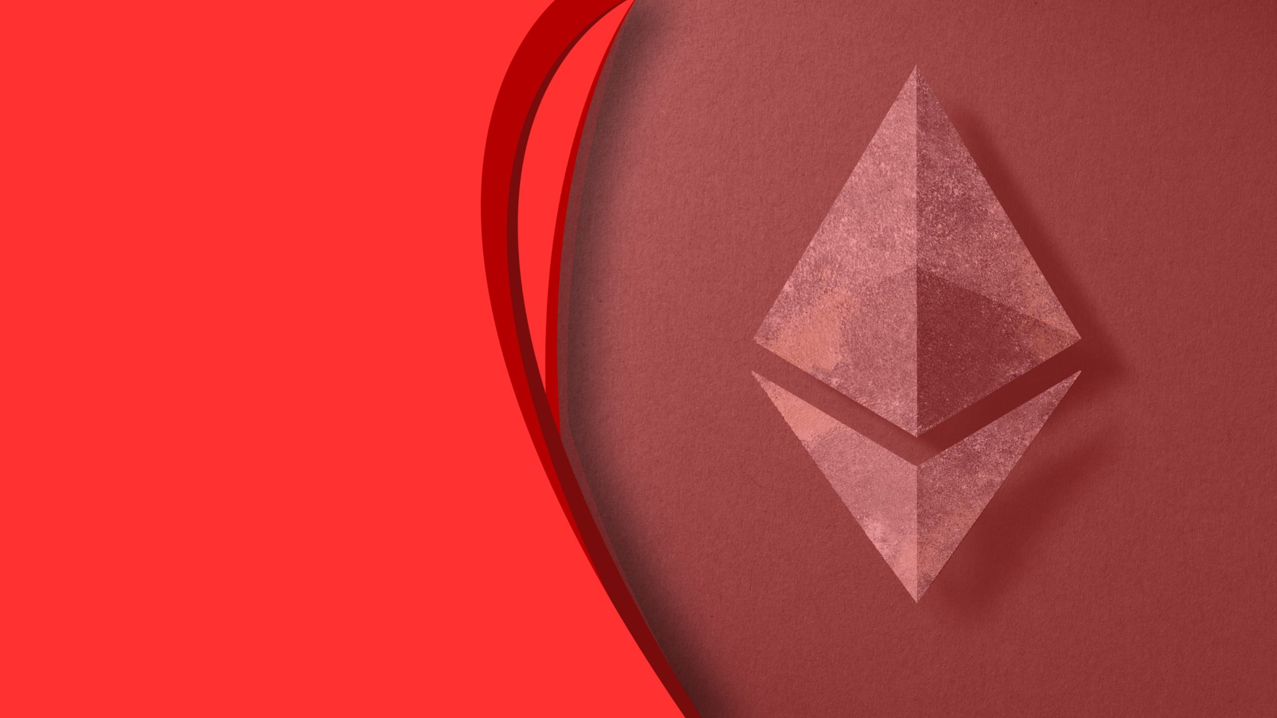 Ein strukturiertes Ethereum-Logo wird auf einem kastanienbraunen Hintergrund mit einem kräftigen roten, geschwungenen Akzent auf der linken Seite dargestellt, der das Ethereum-Thema hervorhebt.