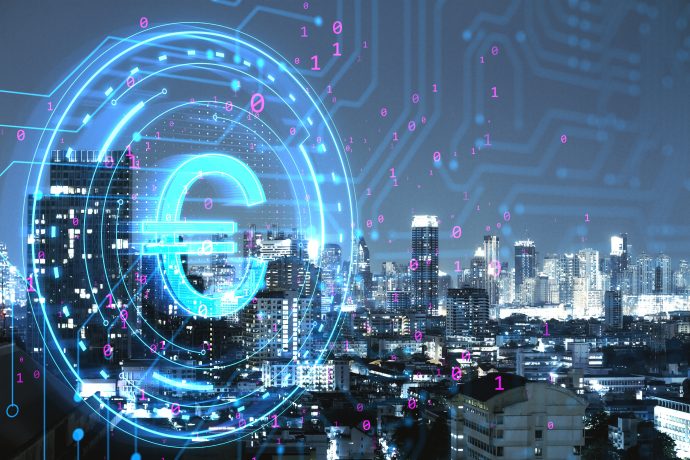 Eine digitale Illustration einer nächtlichen Stadtsilhouette mit einem großen, leuchtenden Euro-Symbol und einem binären Code, der den Aufschwung digitaler Währungen und den Aufstieg von Euro-Stablecoin im Fintech-Bereich darstellt.