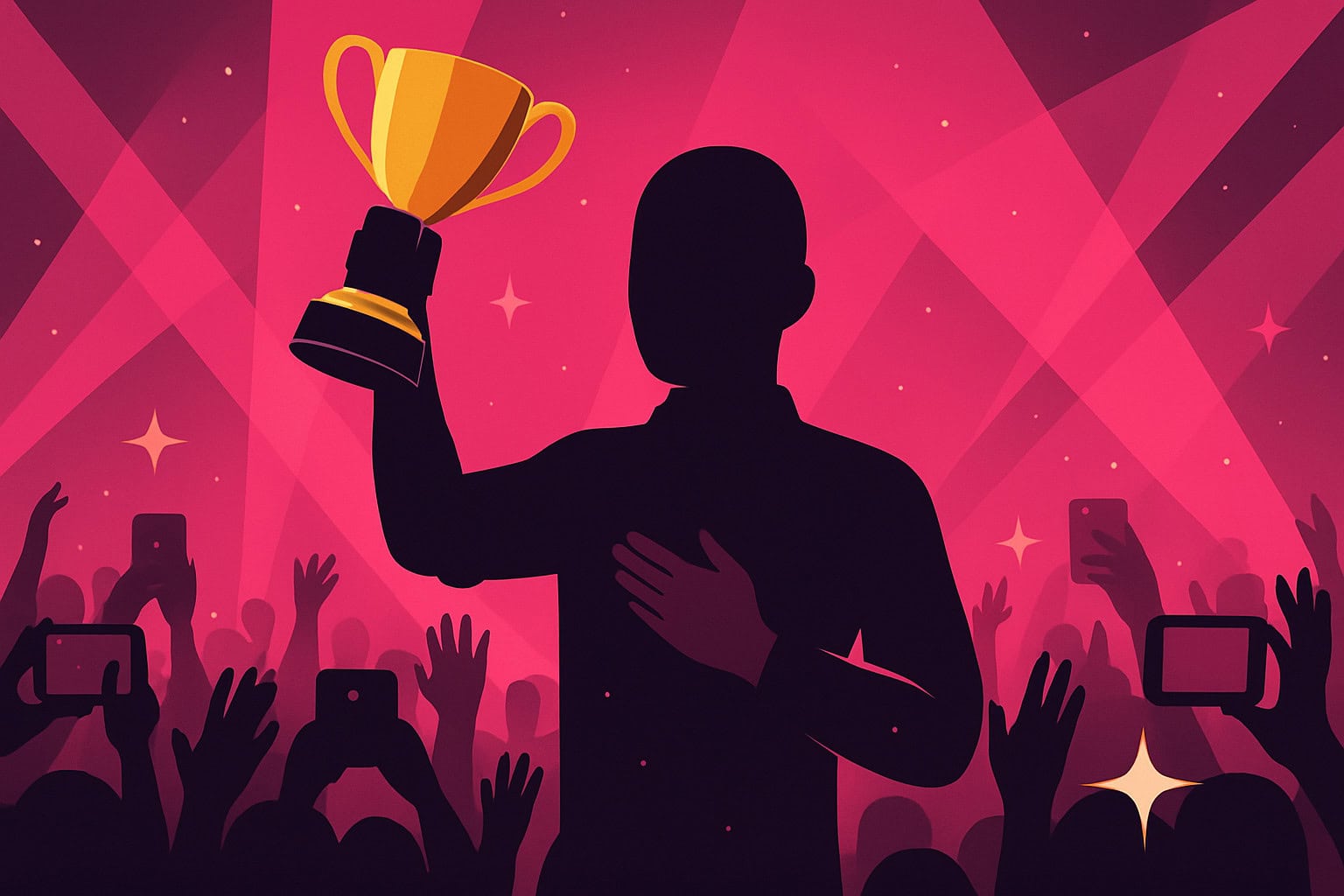 Eine Silhouette hält eine Trophäe auf der Bühne vor einer jubelnden Menge mit erhobenen Telefonen bei der Verleihung des Influencer Award 2025; verschiedene Sponsorenlogos erscheinen am unteren Bildrand.