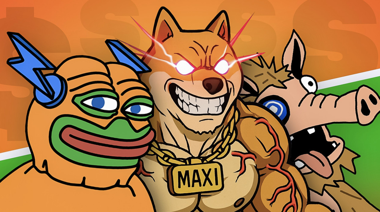 Cartoon von drei HYPER-animierten Tieren: ein Frosch mit Blitzmaske, ein muskulöser Hund mit leuchtenden Augen und MAXI-Kette und ein überraschtes Pferd, alle auf einem bunten Hintergrund.